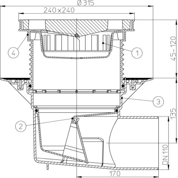 Perfektablauf DN110 waagrecht mit Bitumenmanschette und Wassergeruchsverschluss, 240x240mm / Edelstahlrost 226x226mm HL615HSW